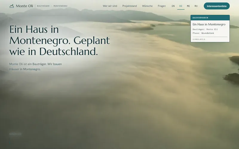 Website für Monte Oli, Bauträger in Montenegro